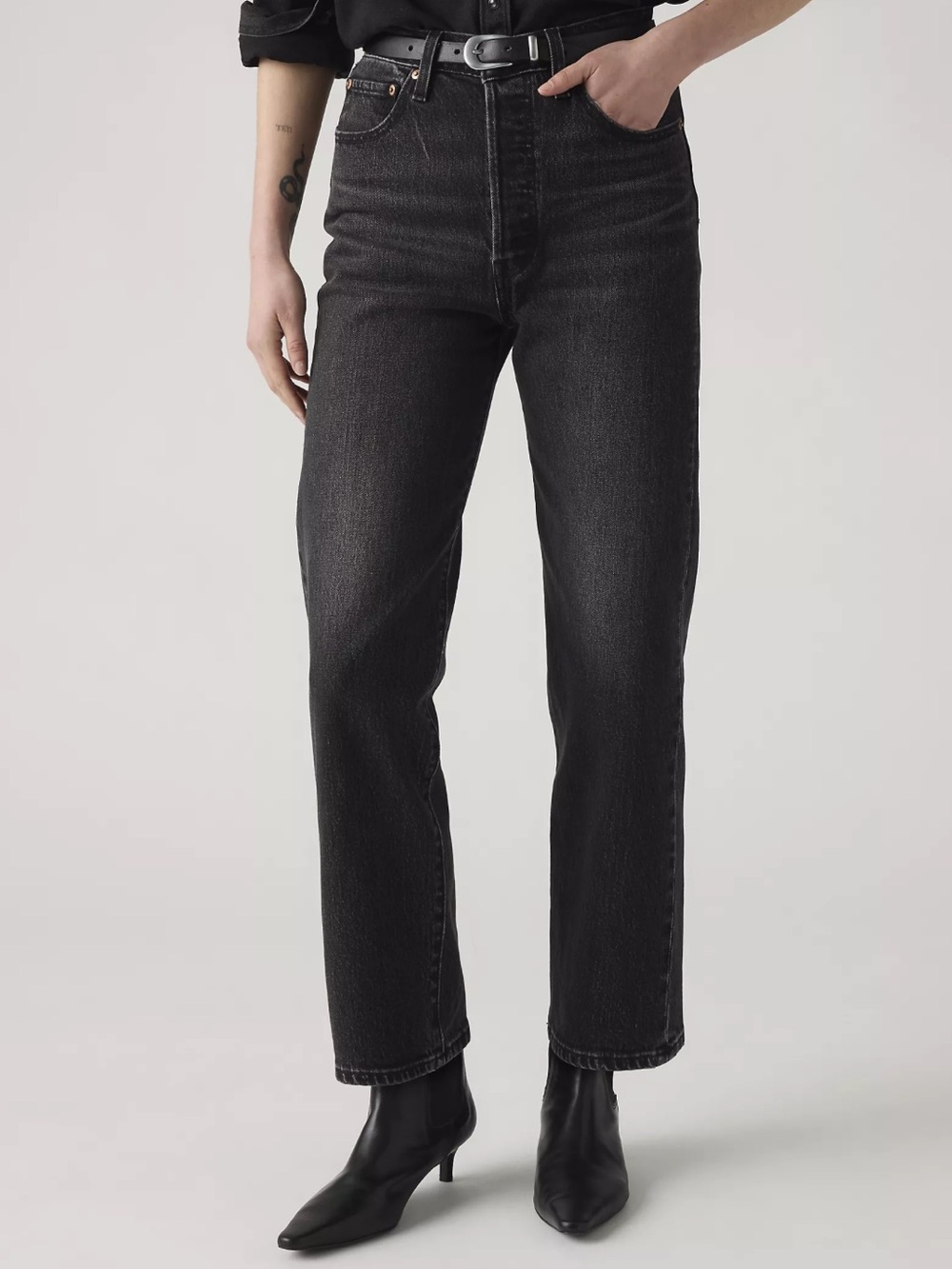 Levis Ribcage Straight Leg Jeans Womens 28 Washed Black High Waist Rigid Denim